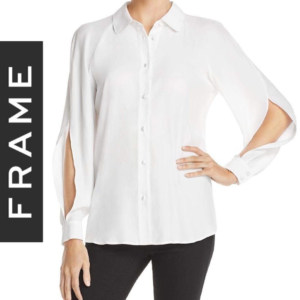 Frame Split-Sleeve Silk Blouse in White